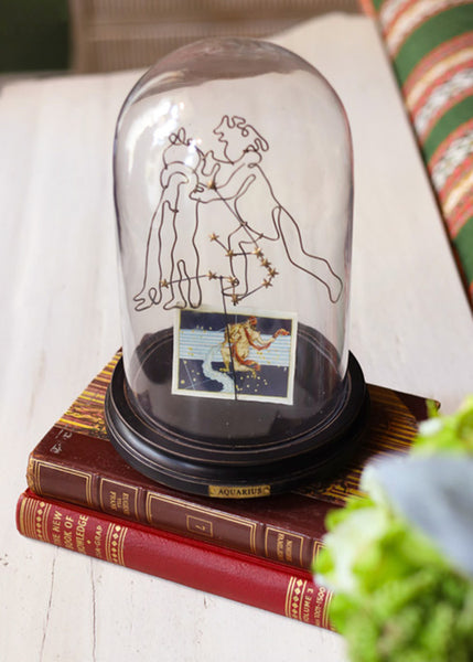 A clear glass dome display case with a black base, decorated with a wire depiction of Aquarius, along with an illustrated playing card, showing the astrological constellation, displayed on top of vintage red books.