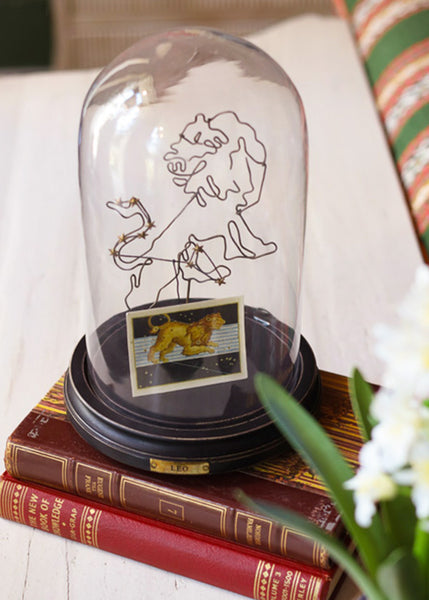 A clear glass dome display with a black base, featuring a line-art zodiac constellation of Leo and a small lion card, resting on stacked vintage books with white flowers in the foreground.