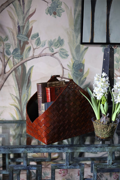 Tan Leather Woven Basket