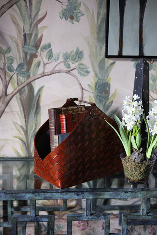 Tan Leather Woven Basket
